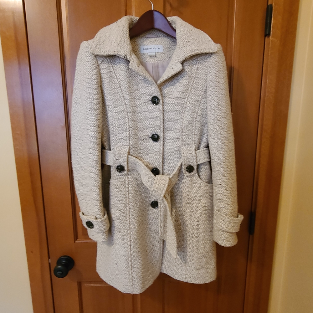 Liz Claiborne Tweed Belted Coat | Cream & Beige | Size S
